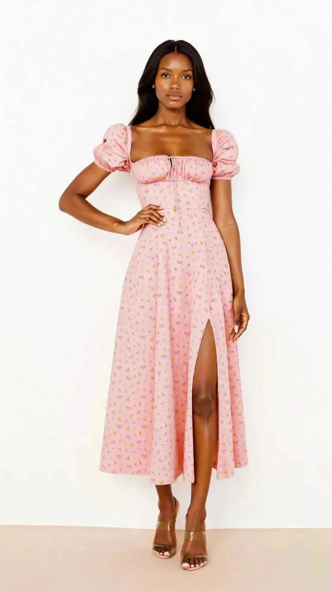 Women's Square Neck Midi Dress with Puff Sleeves