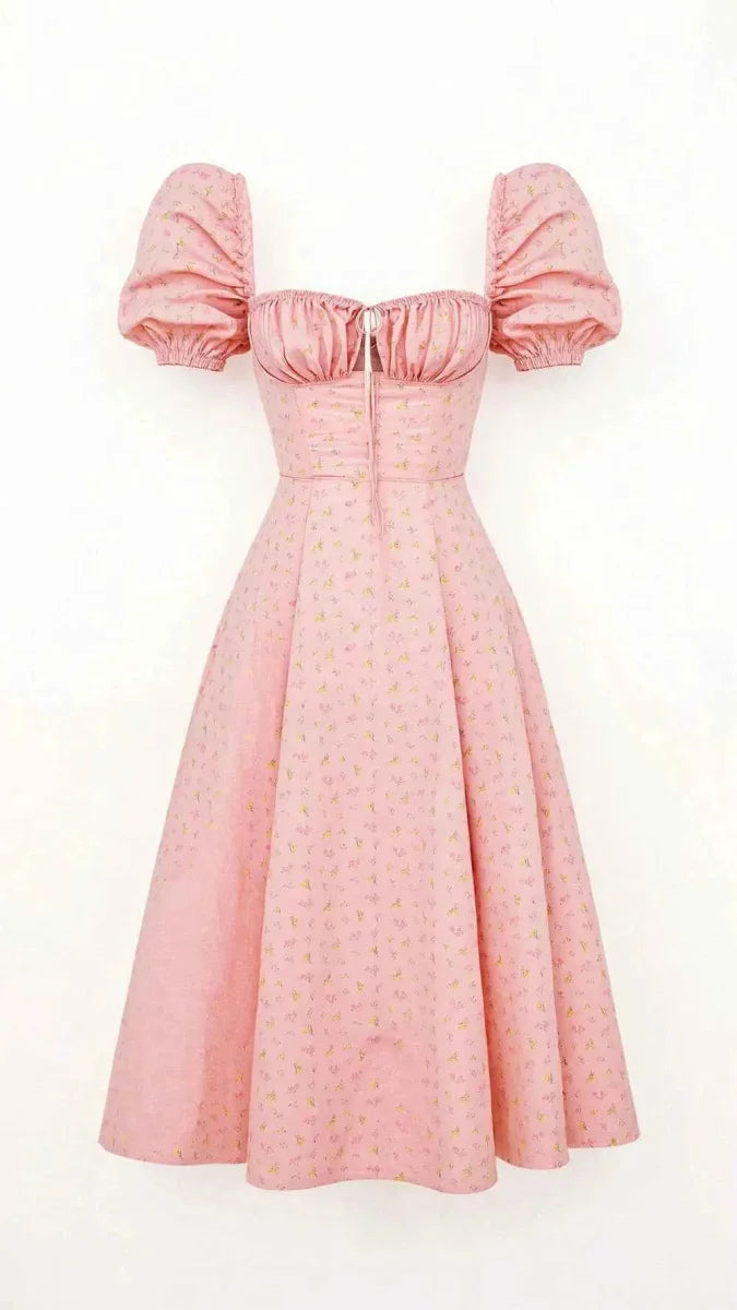 Women's Square Neck Midi Dress with Puff Sleeves
