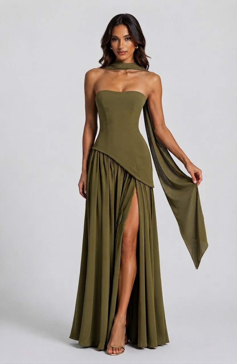 Robe longue corset pour femme à fente haute | Robe de soirée sans manches