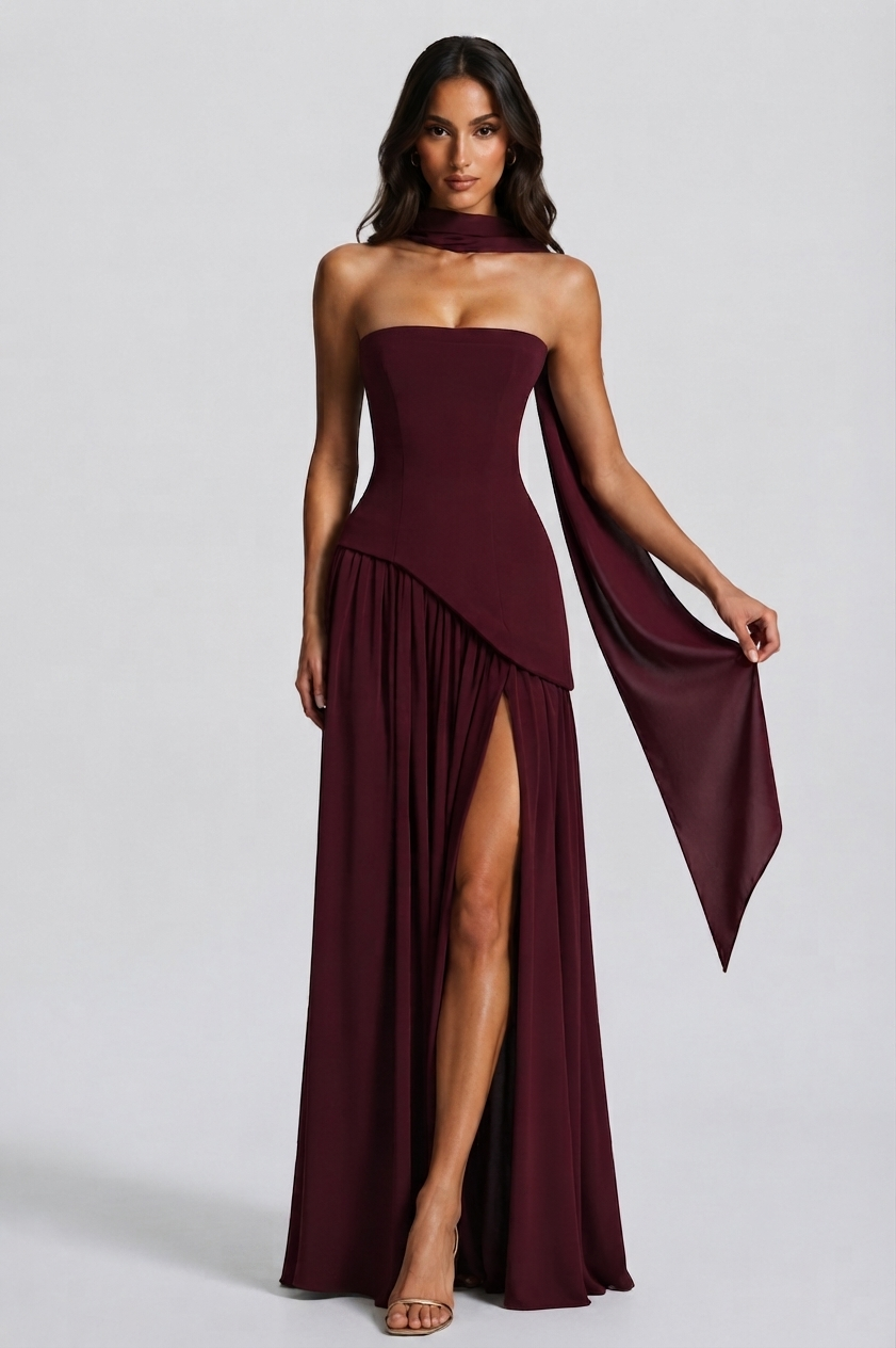 Robe longue corset pour femme à fente haute | Robe de soirée sans manches