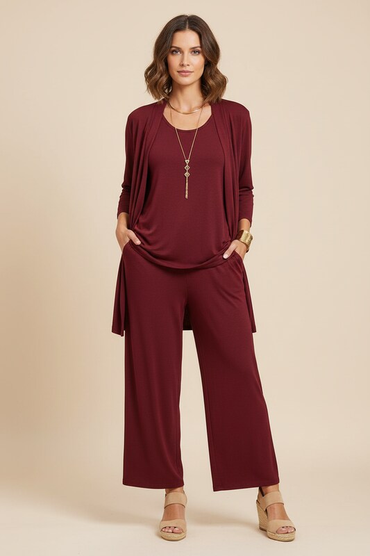 Women's Three-Piece Wide-Leg Trouser and Cardigan Set