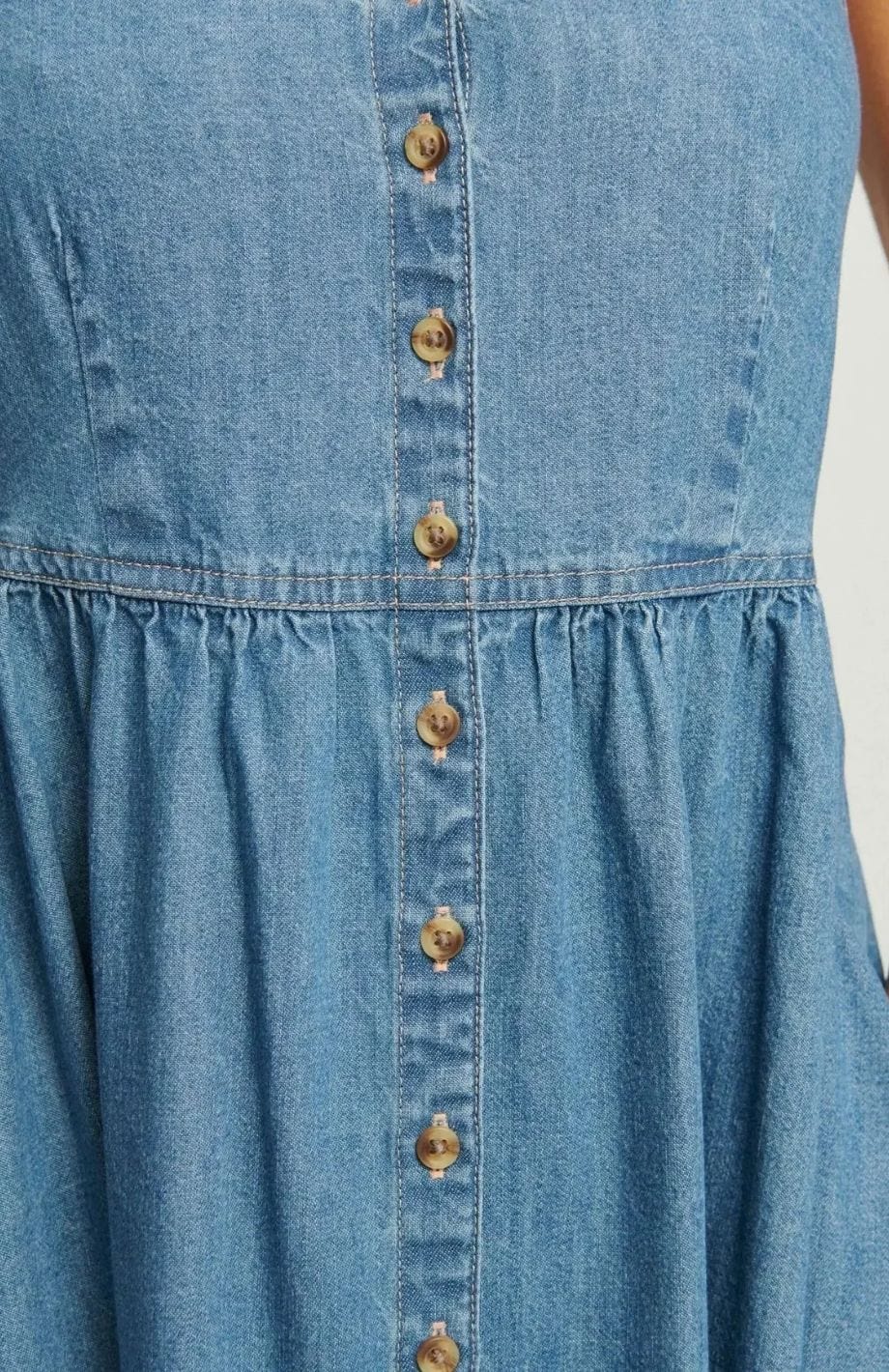 Denim Midi Dress with Button-Front Detail and Thin Straps
