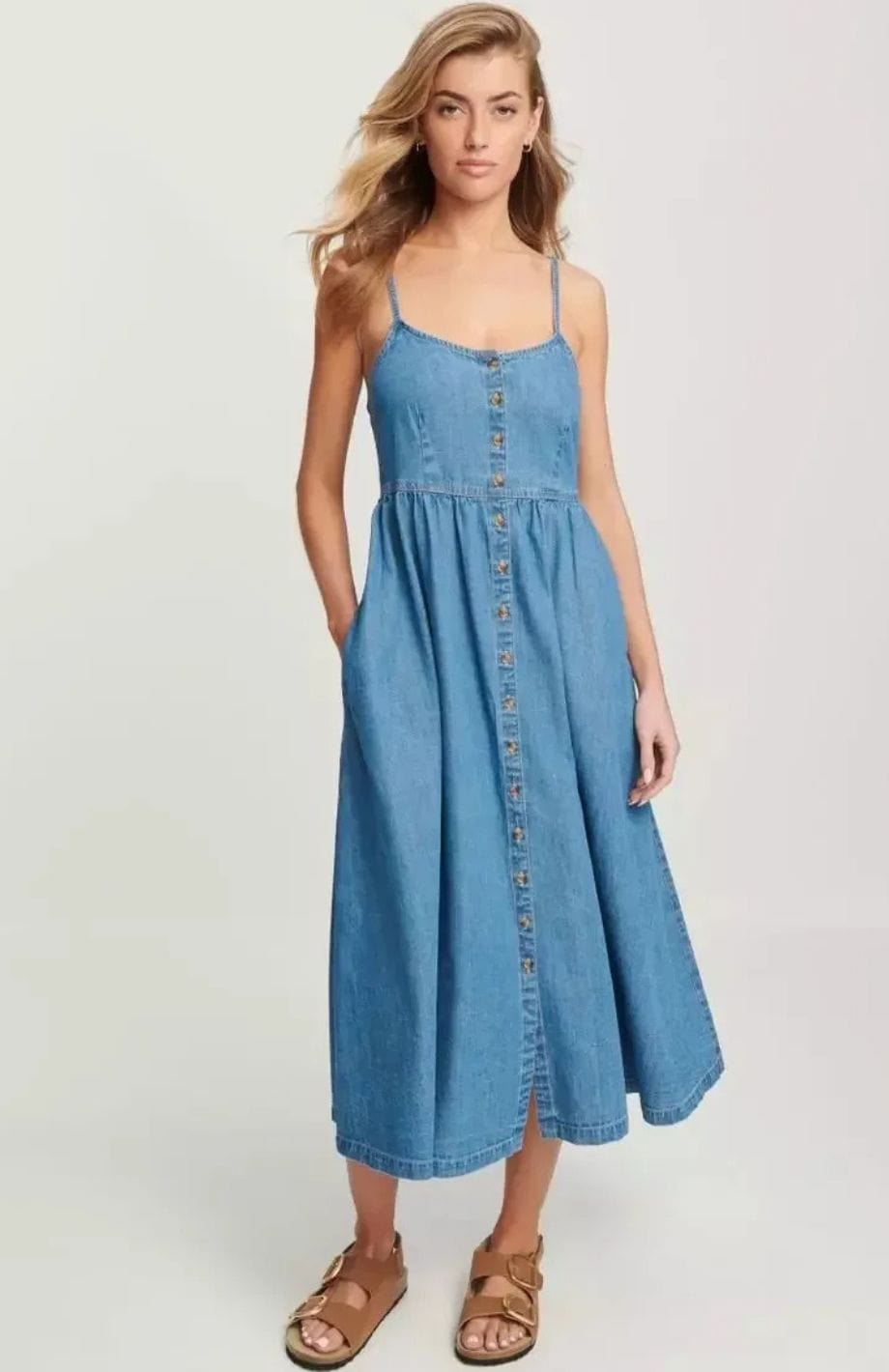Denim Midi Dress with Button-Front Detail and Thin Straps