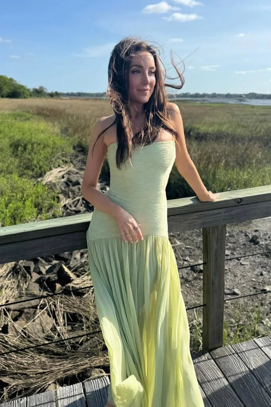 Strapless Pleated Maxi Dress with Fitted Bodice
