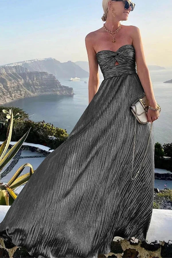 Strapless Metallic Maxi Dress with Twist Front Cutout