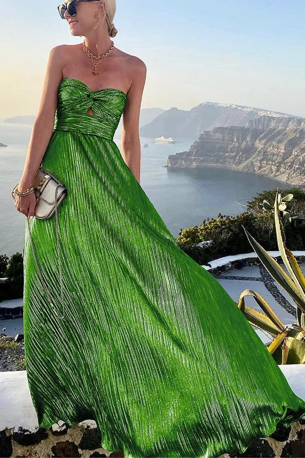 Strapless Metallic Maxi Dress with Twist Front Cutout
