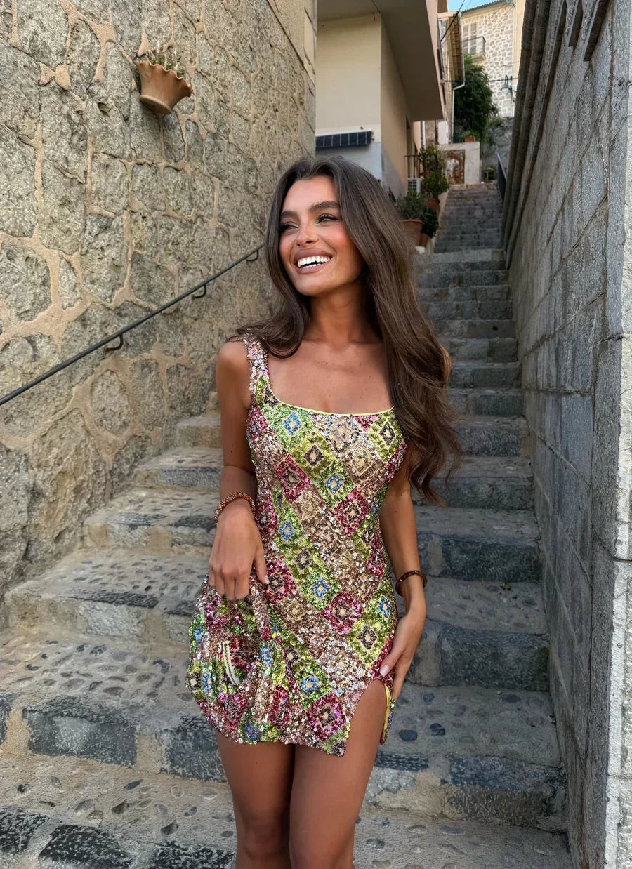 Sequin Mini Dress with Square Neckline for Party Wear