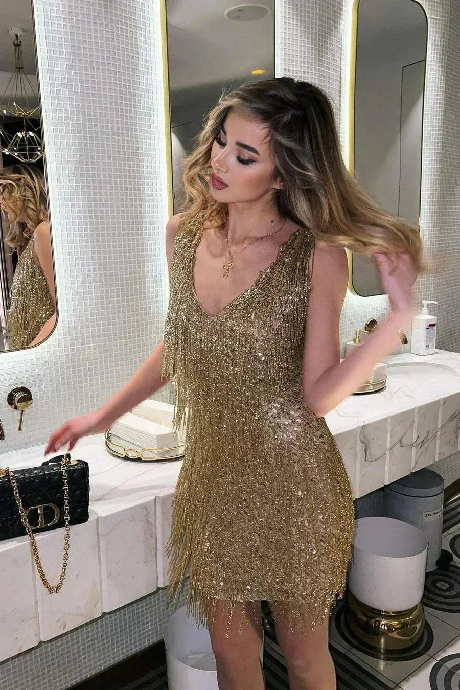Fringe Sequin Mini Dress with Sleeveless Design