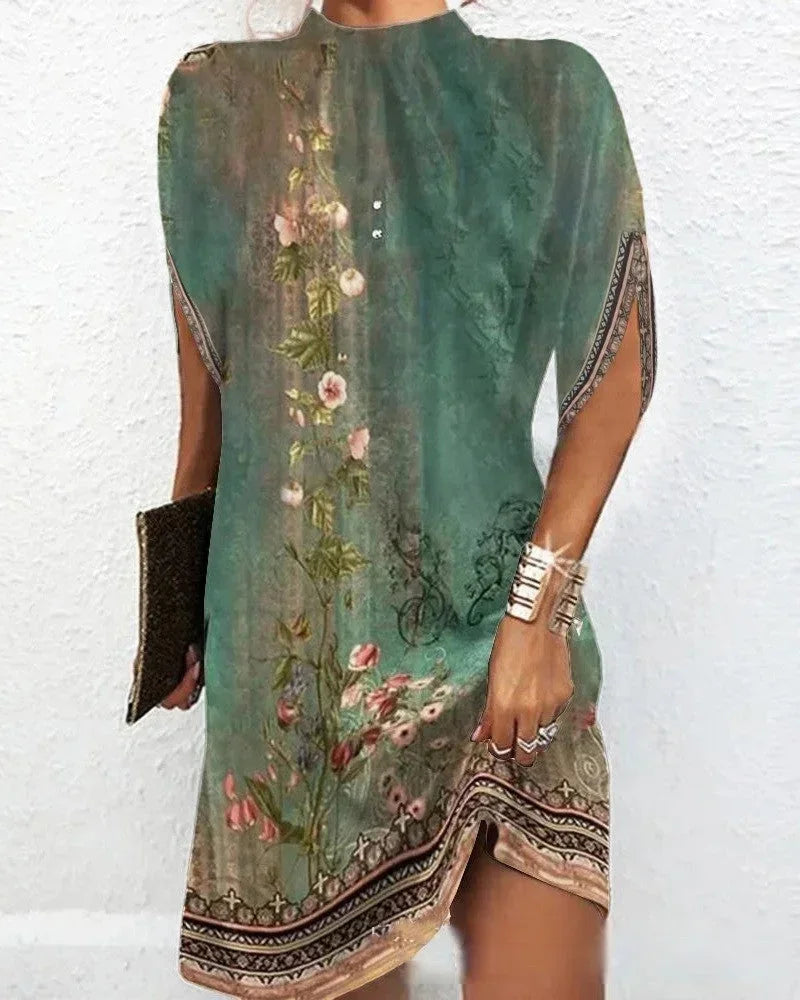 Shift Dress with Mock Neck and Batwing Sleeves