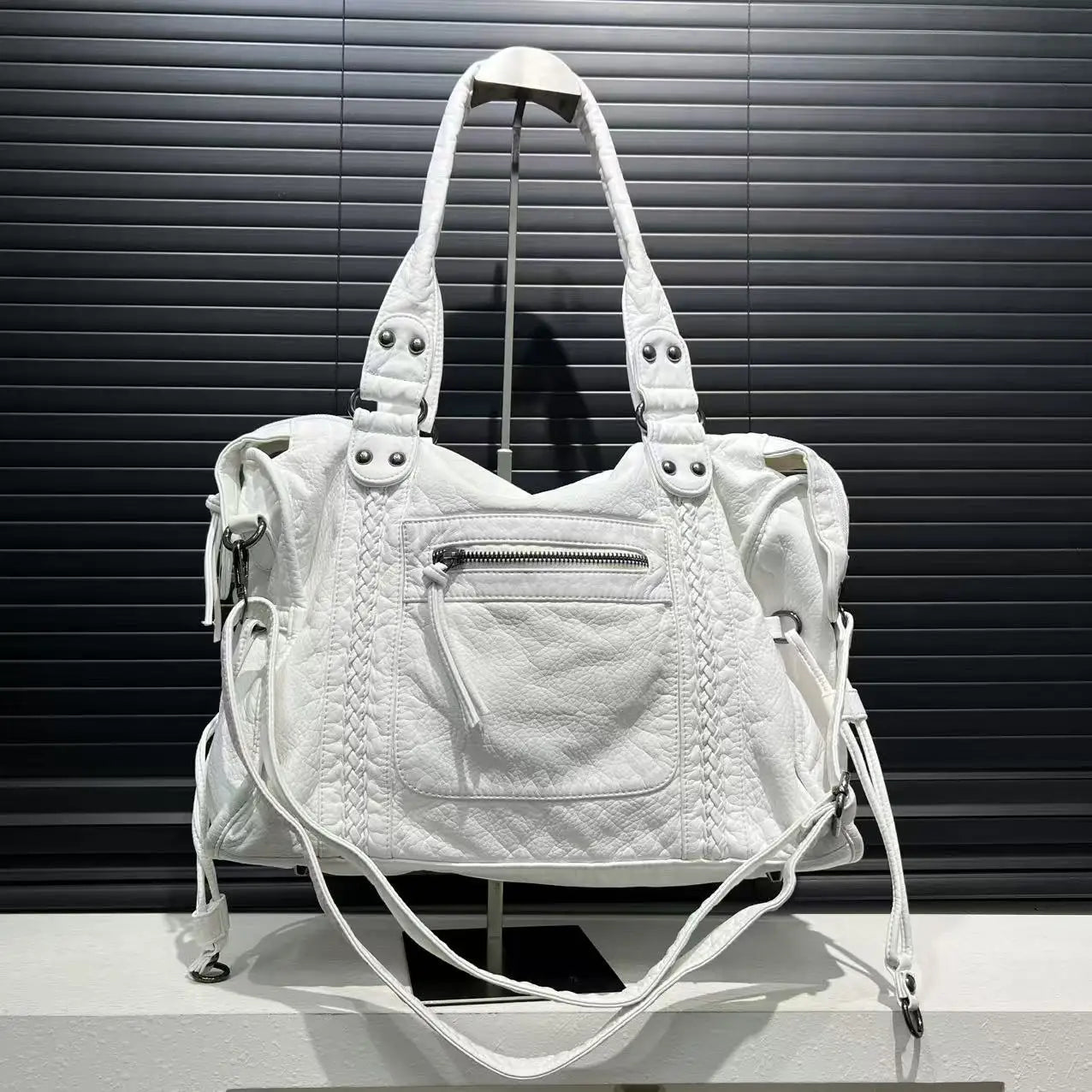 Shoulder Bag in Faux Leather with Studded Braided Trim