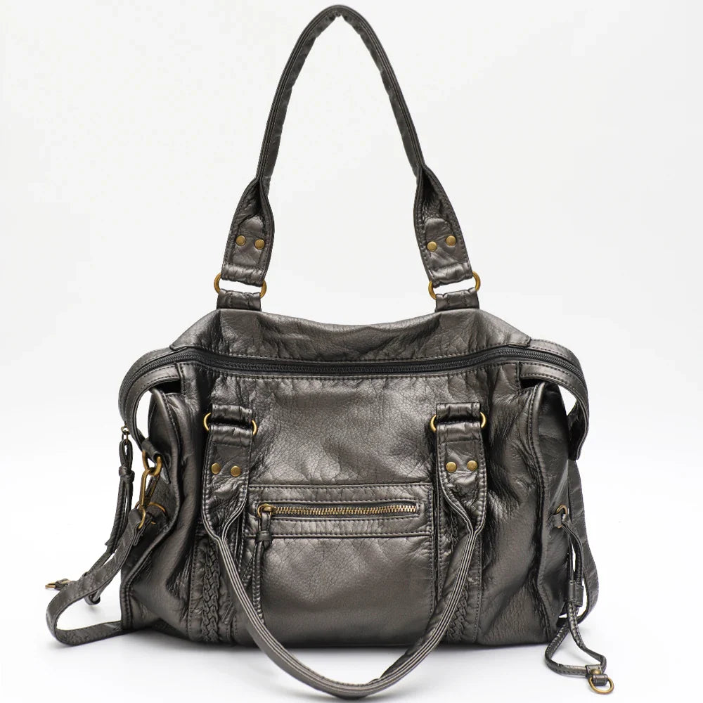 Shoulder Bag in Faux Leather with Top Handles and Crossbody Strap