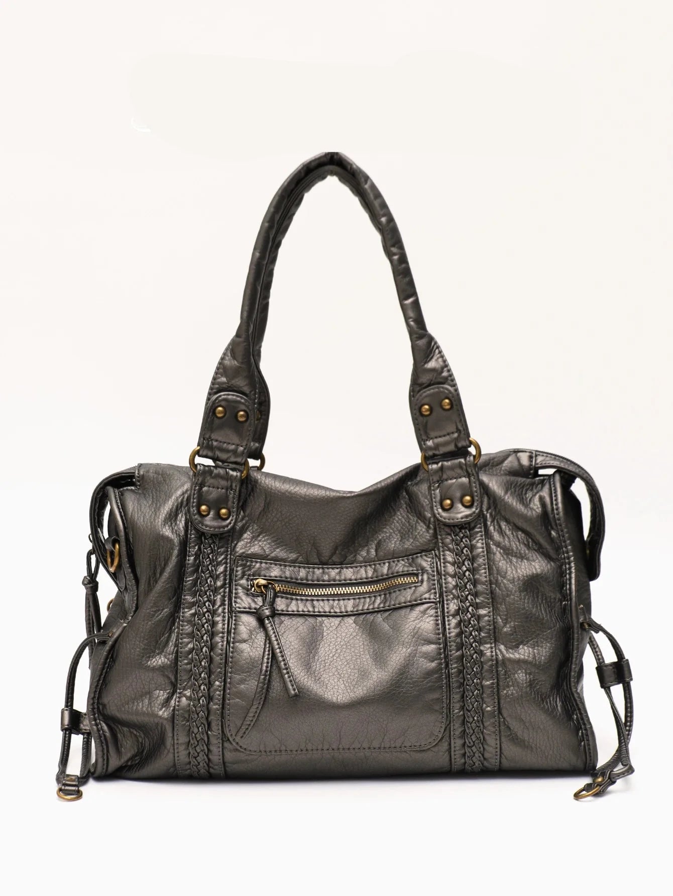 Shoulder Bag in Faux Leather with Top Handles and Crossbody Strap