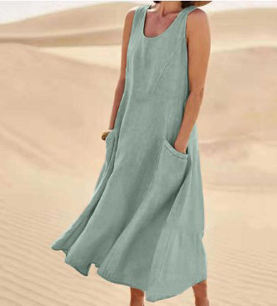 Sleeveless Midi Dress with Side Pockets and A-Line Fit