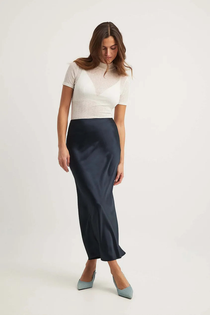 Jupe midi satinée pour femme | Jupe trapèze taille haute