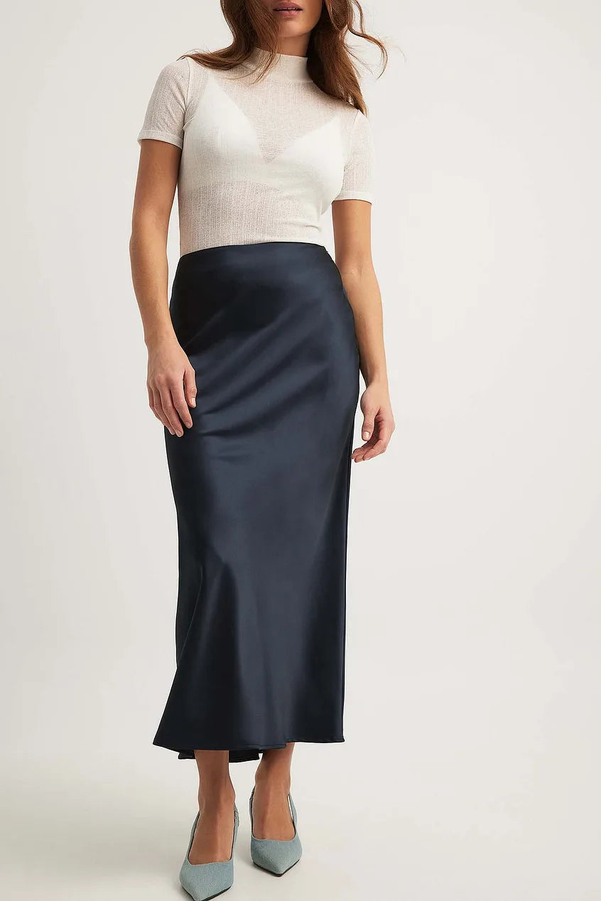 Jupe midi satinée pour femme | Jupe trapèze taille haute