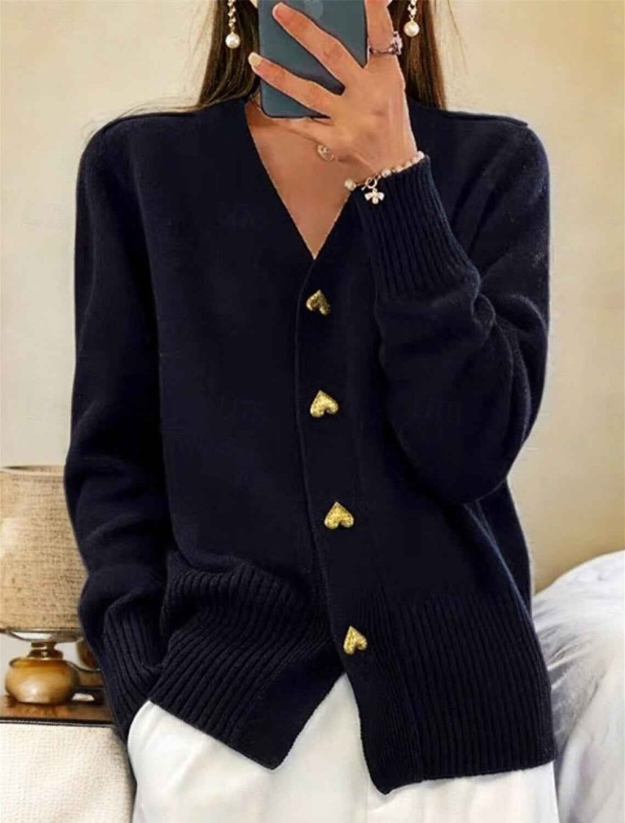 Knit Cardigan with V-Neck and Decorative Button Front