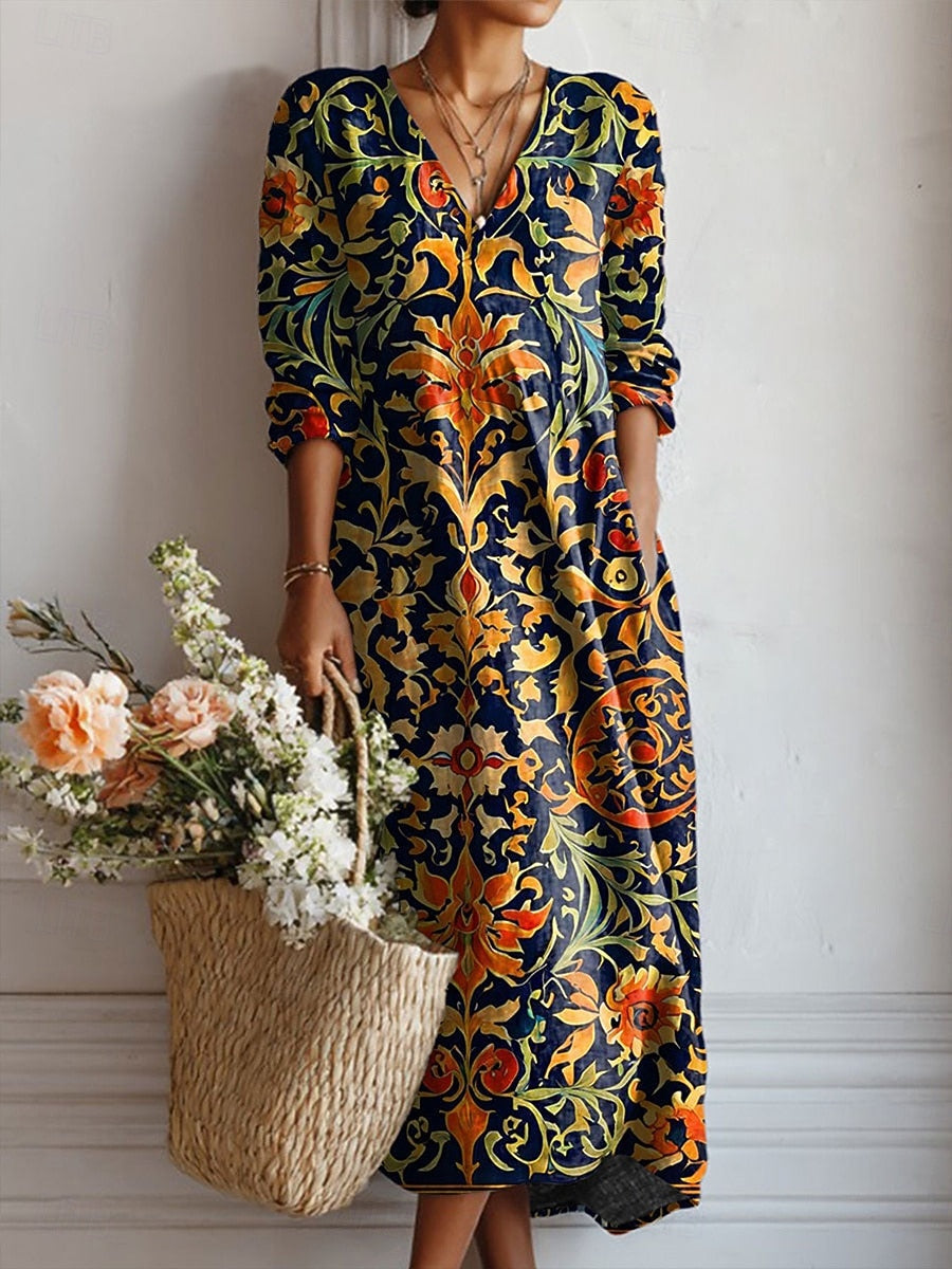 Floral Print Midi Dress with V-Neckline