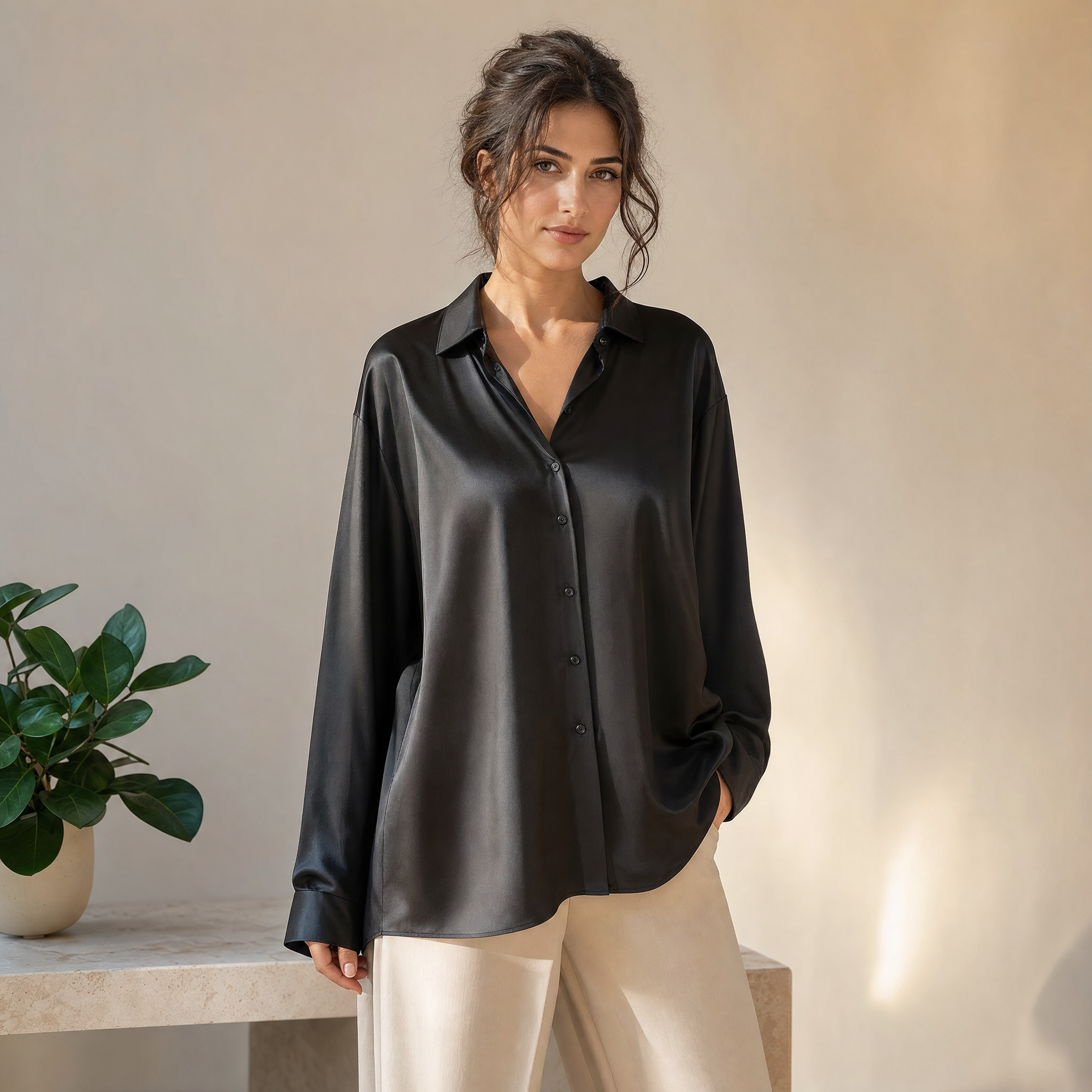 Silk Button-Up Blouse with Relaxed Fit