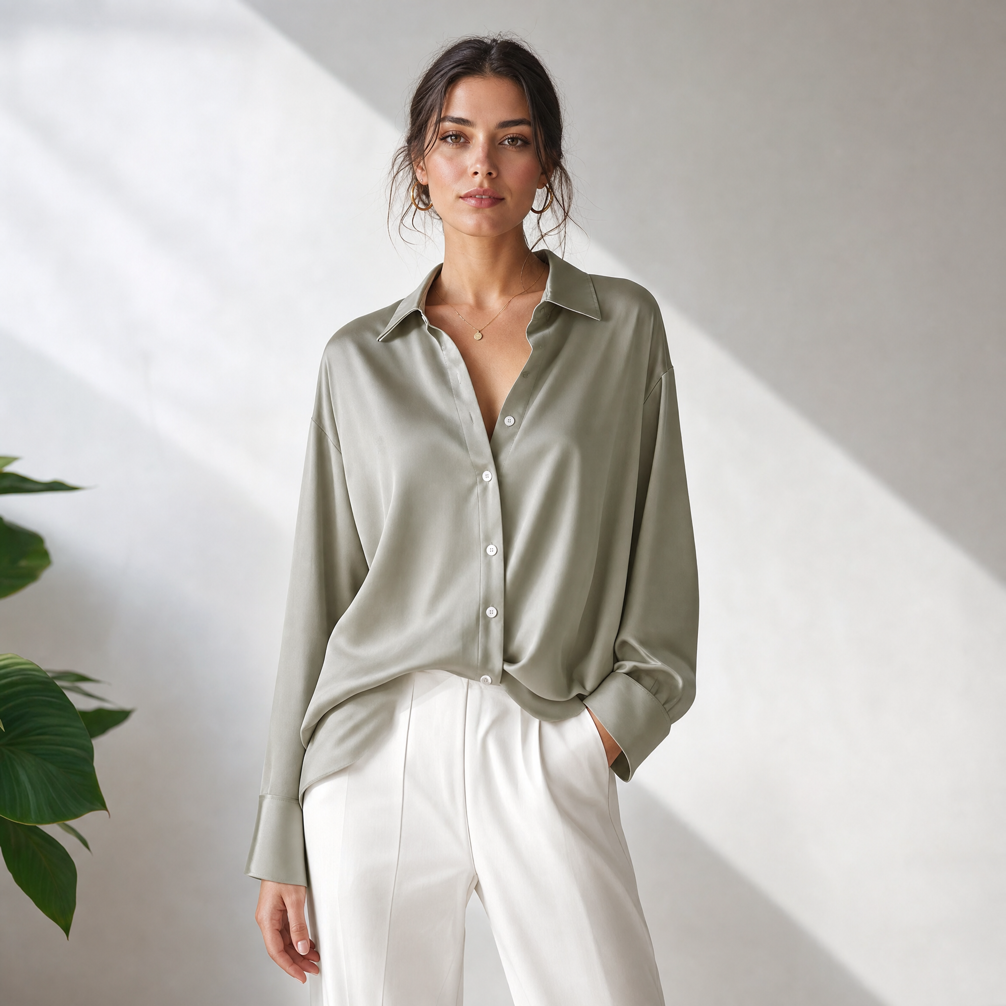 Silk Button-Up Blouse with Relaxed Fit