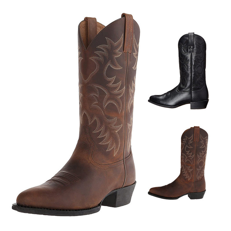 Men's Cowboy Boots in Leather with Stitched Shaft Detail