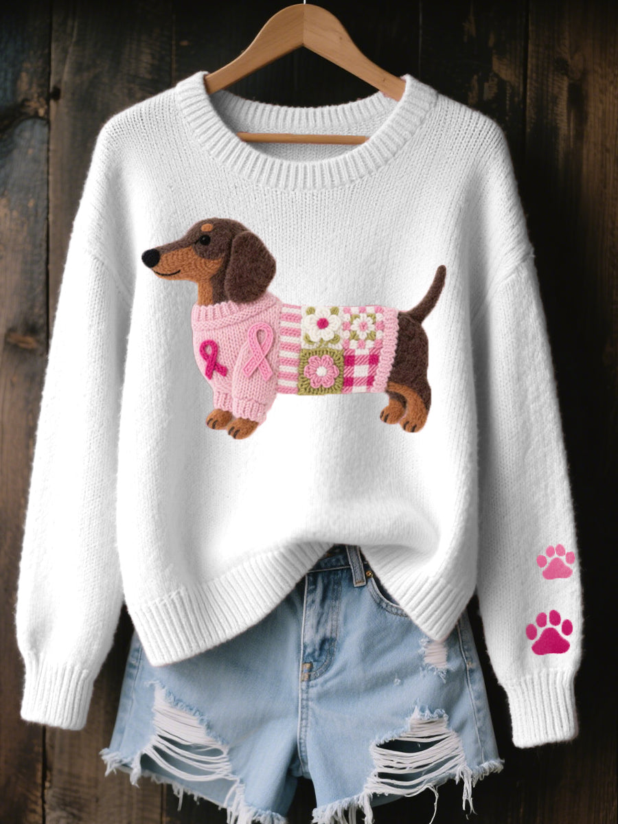 Women's Dachshund Graphic Knit Sweater with Paw Print Sleeves