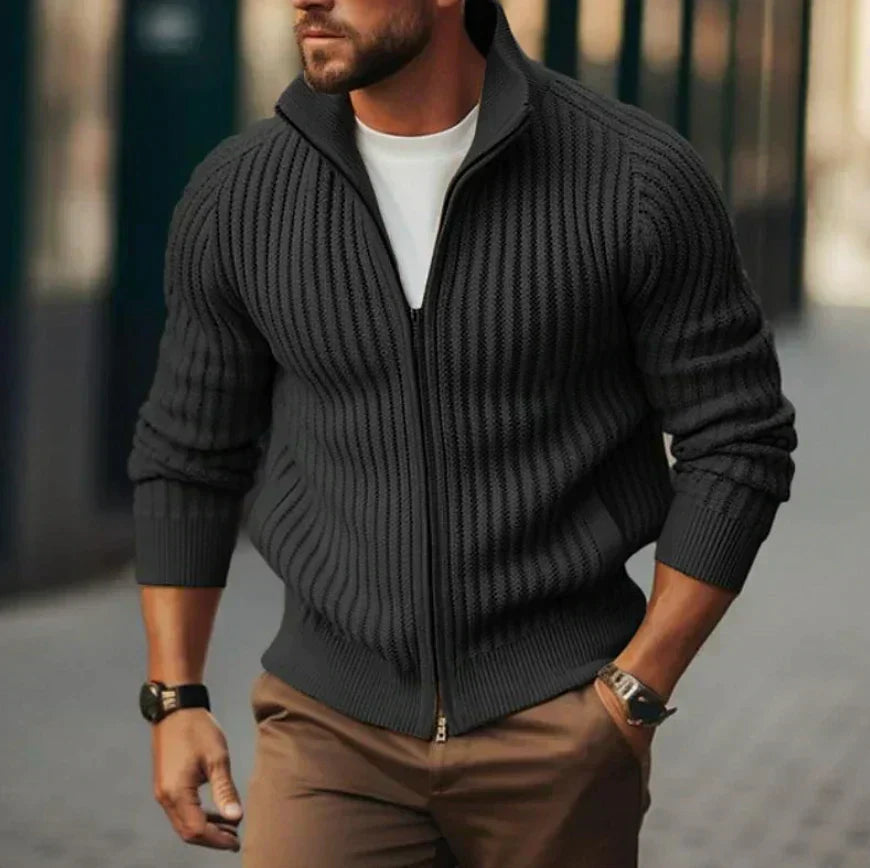 Men's Ribbed Zip-Up Knitted Cardigan