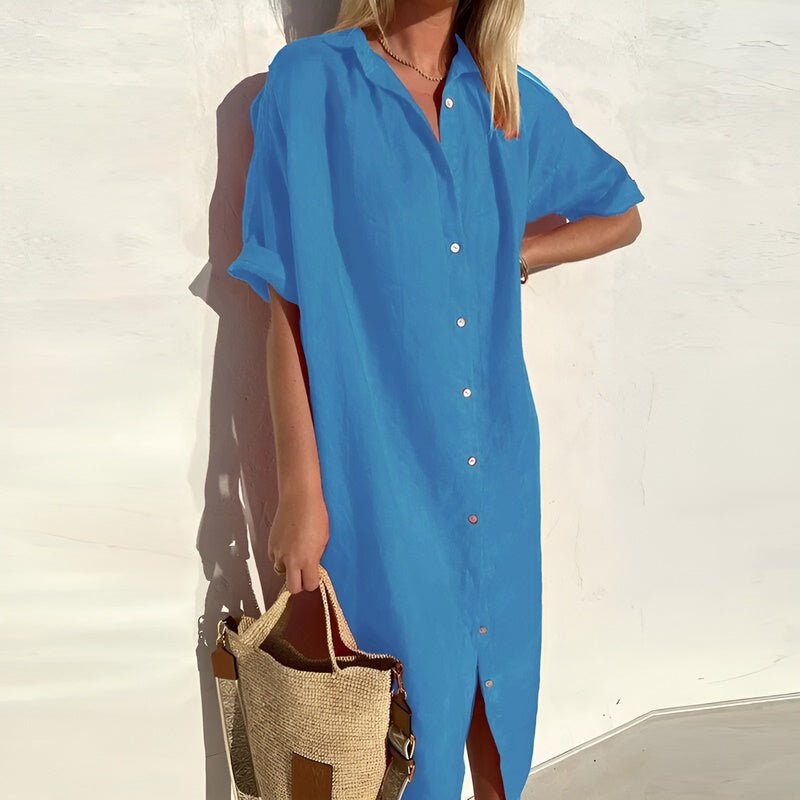 Button-Front Midi Dress with Collared Neckline