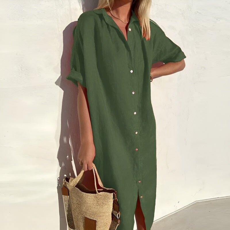 Button-Front Midi Dress with Collared Neckline