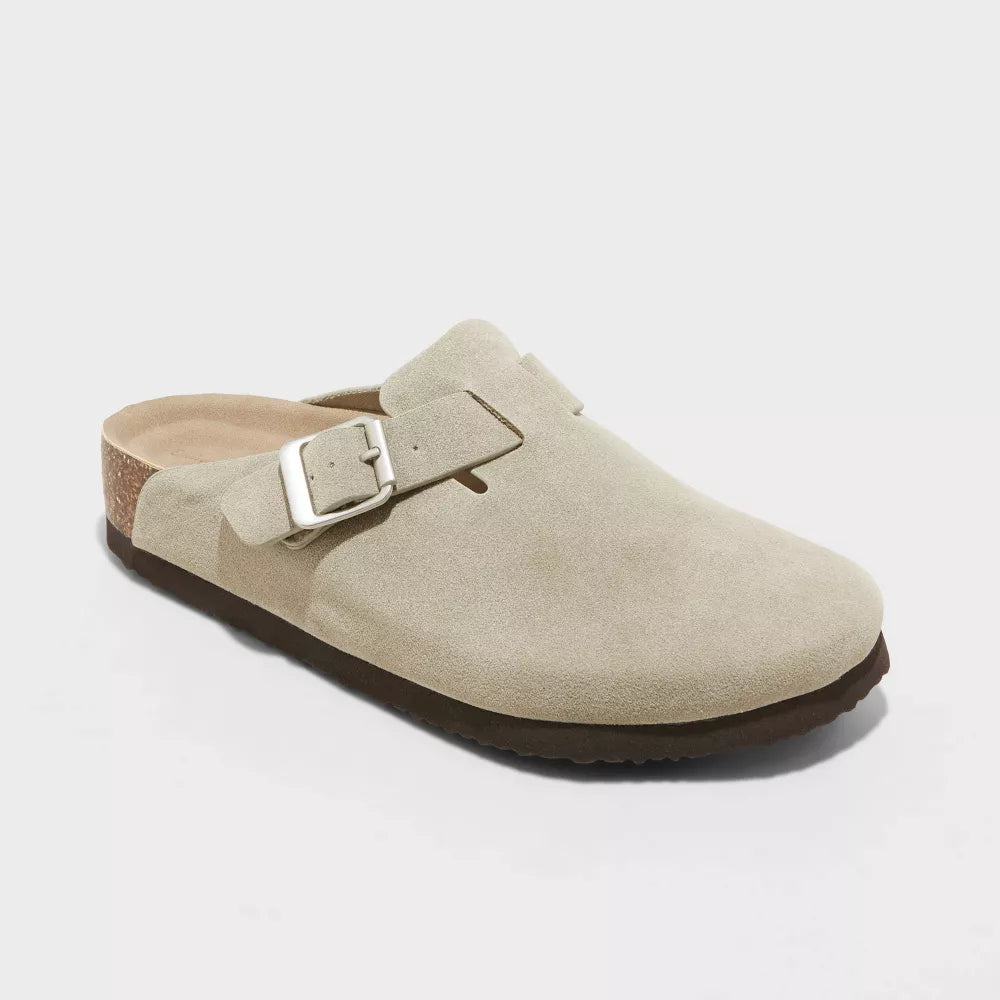 Suede Clogs with Buckle Strap and Cork Sole