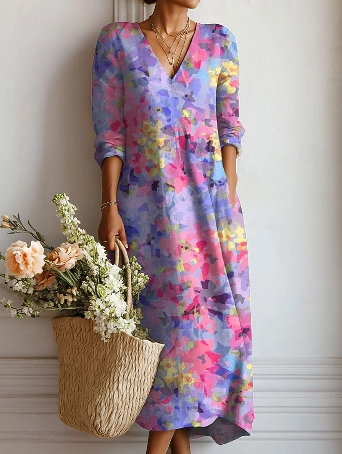 Floral Print Midi Dress with V-Neckline