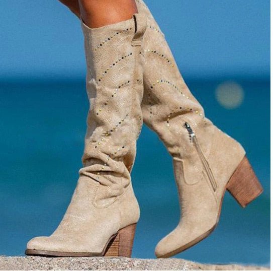 Women’s Studded Slouch Knee-High Block Heel Boots