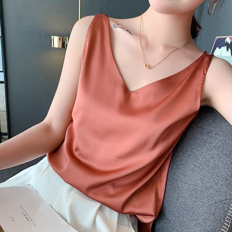 Women's Satin V Neck Sleeveless Cami Top