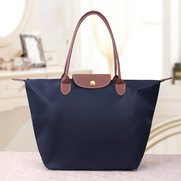 Foldable Nylon Tote Bag with Leather Trim Handles
