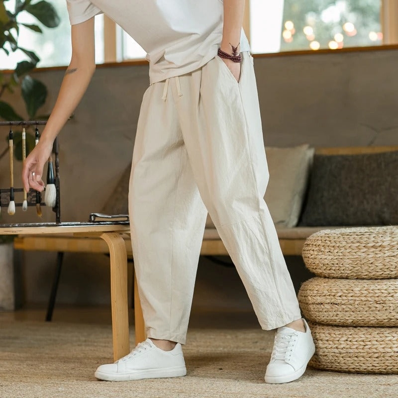 Men's Loose Fit Linen Trousers with Drawstring Waist