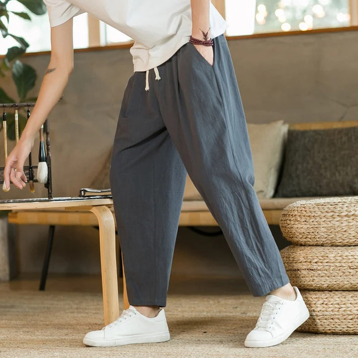 Men's Loose Fit Linen Trousers with Drawstring Waist