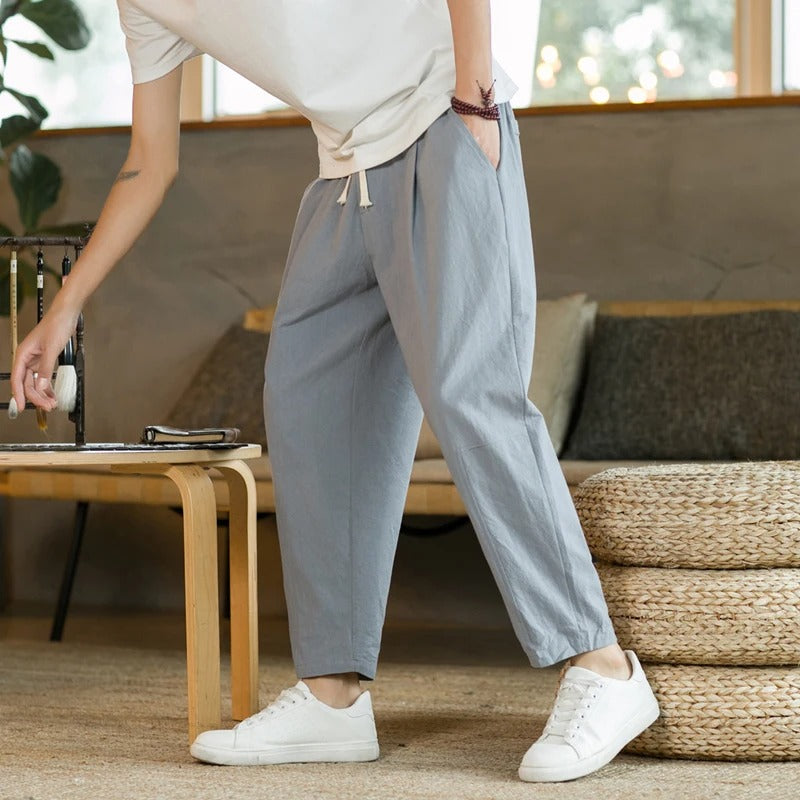 Men's Loose Fit Linen Trousers with Drawstring Waist