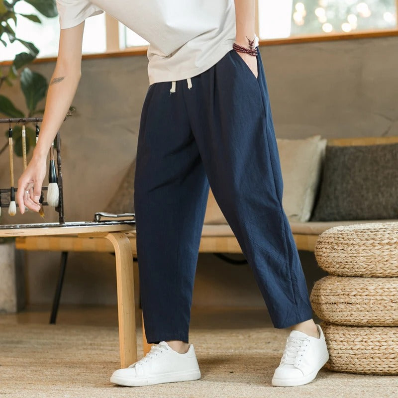Men's Loose Fit Linen Trousers with Drawstring Waist