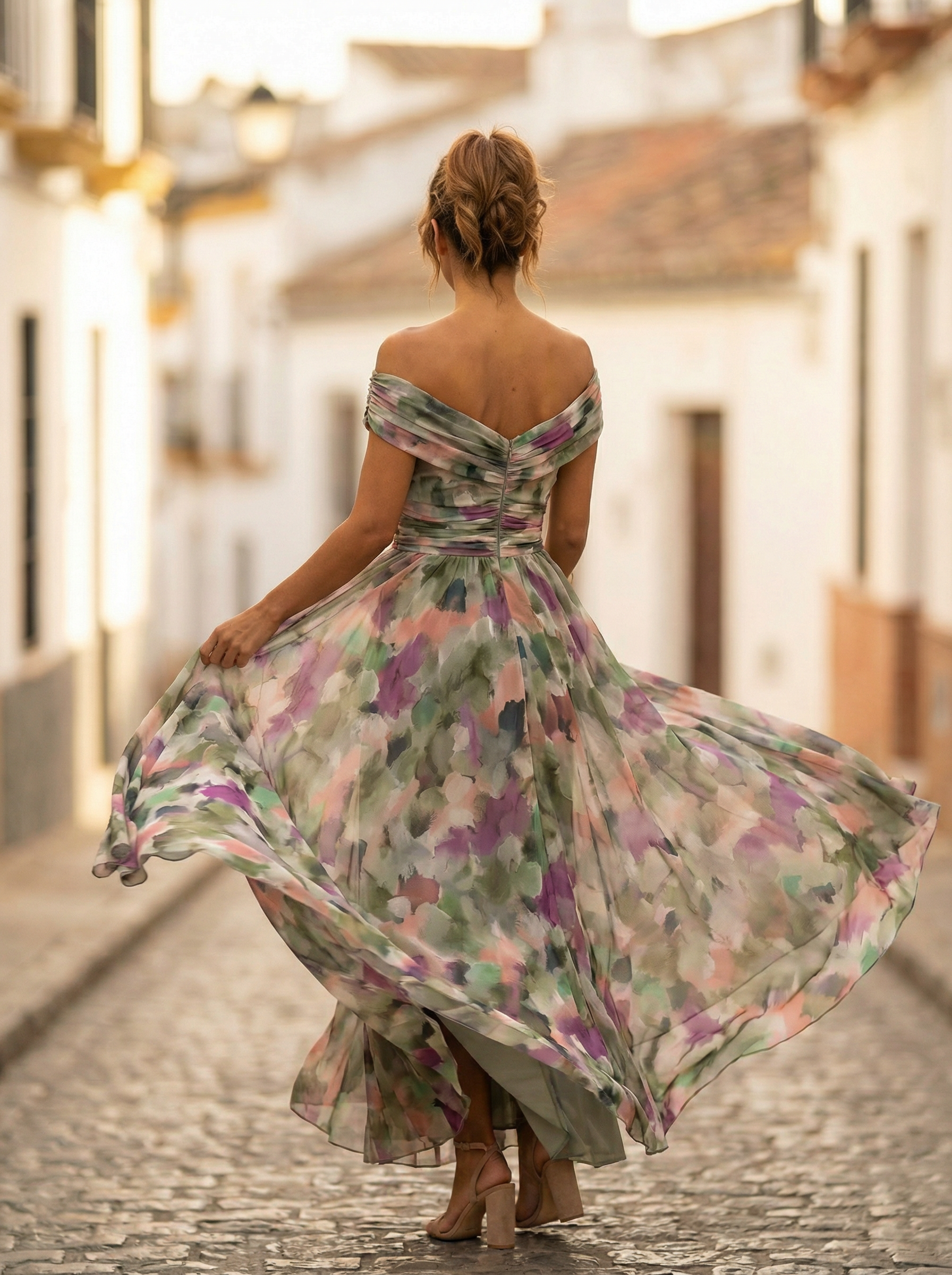 Women's Off-Shoulder Maxi Evening Dress with Tie Waist