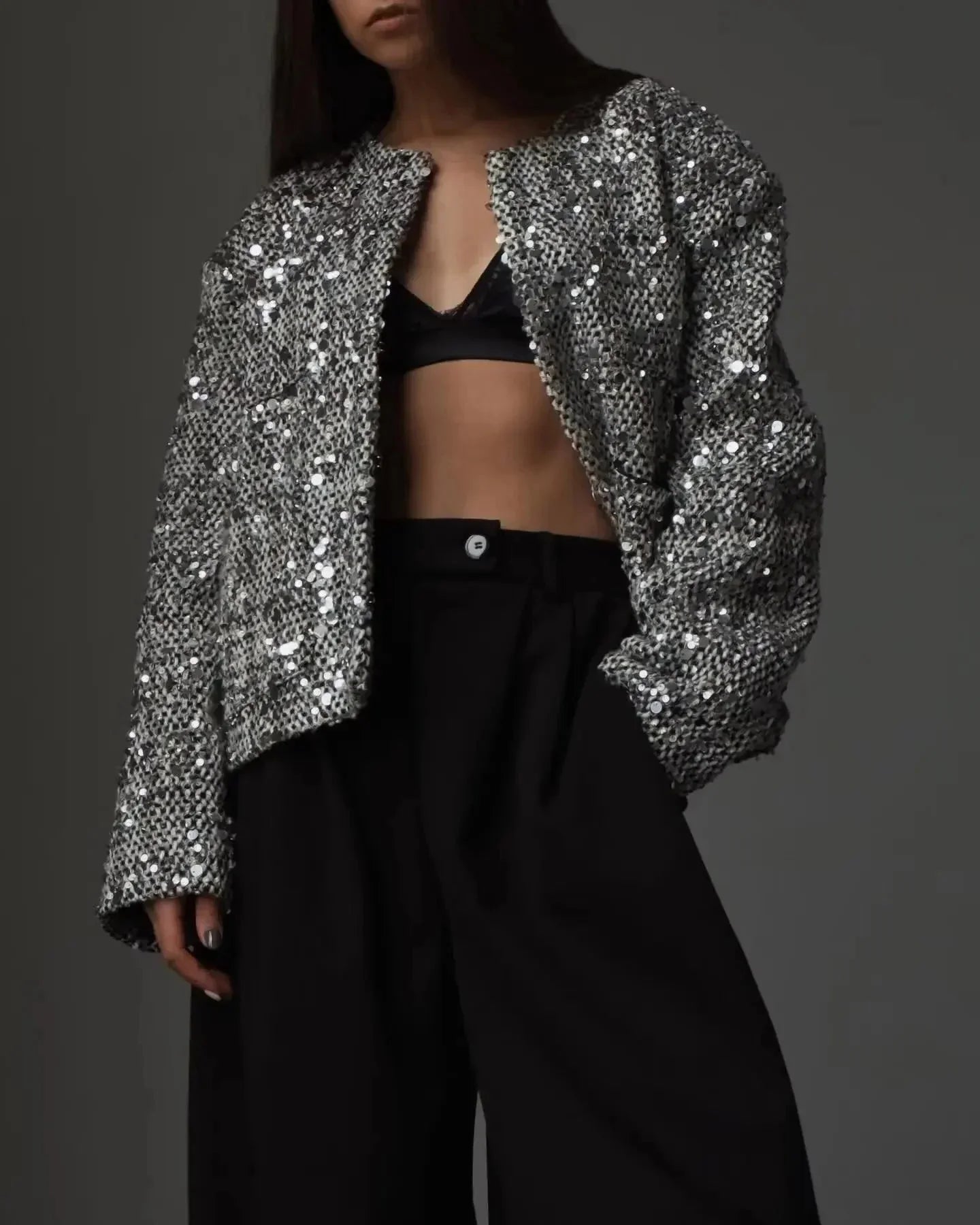 Veste courte en bouclé à sequins pour femme