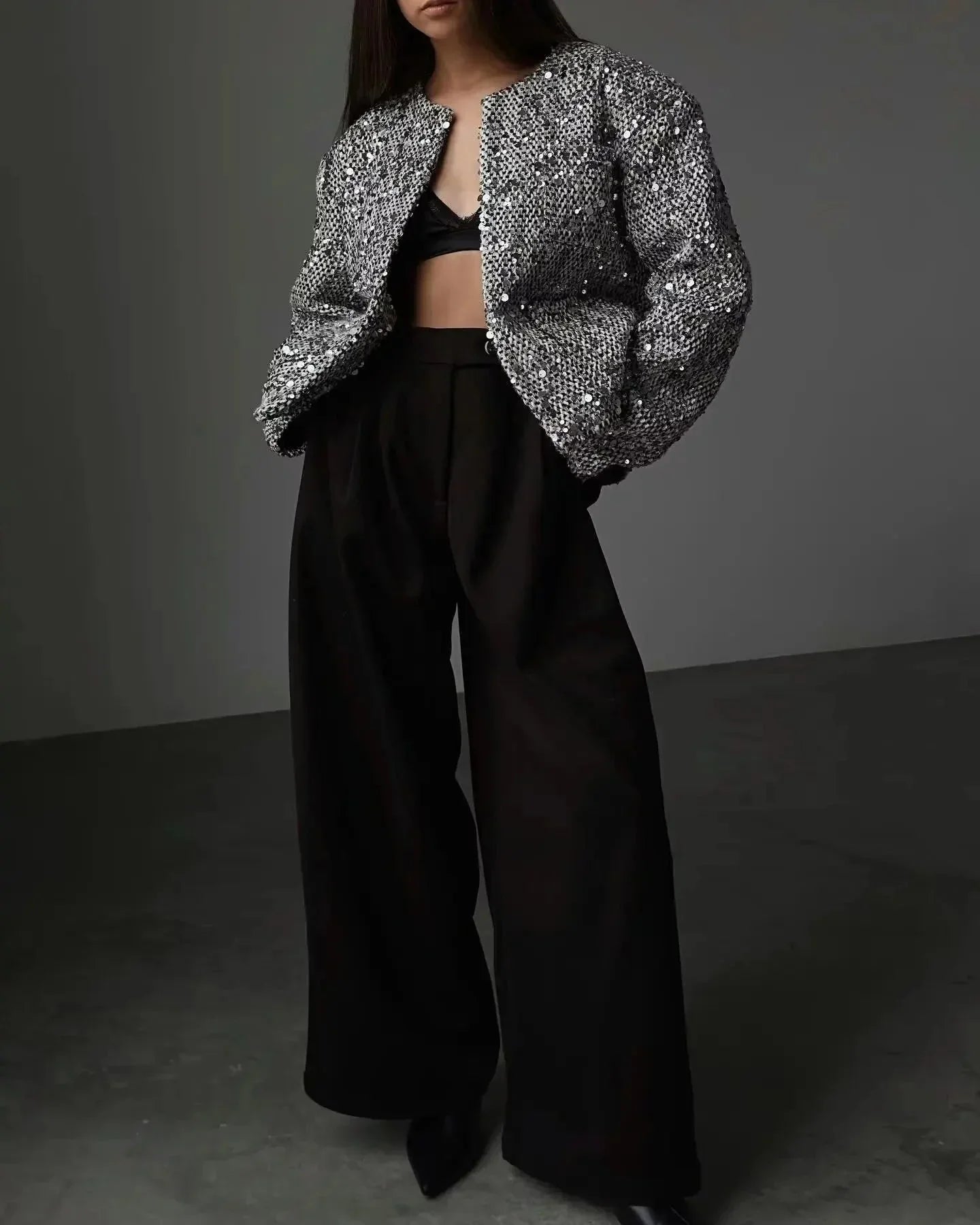 Veste courte en bouclé à sequins pour femme