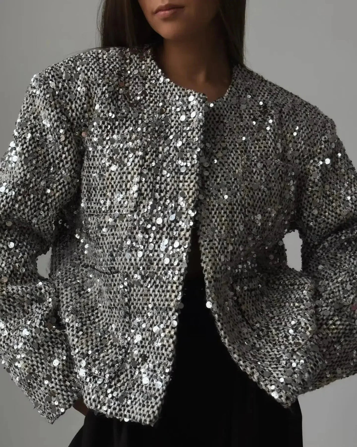 Veste courte en bouclé à sequins pour femme