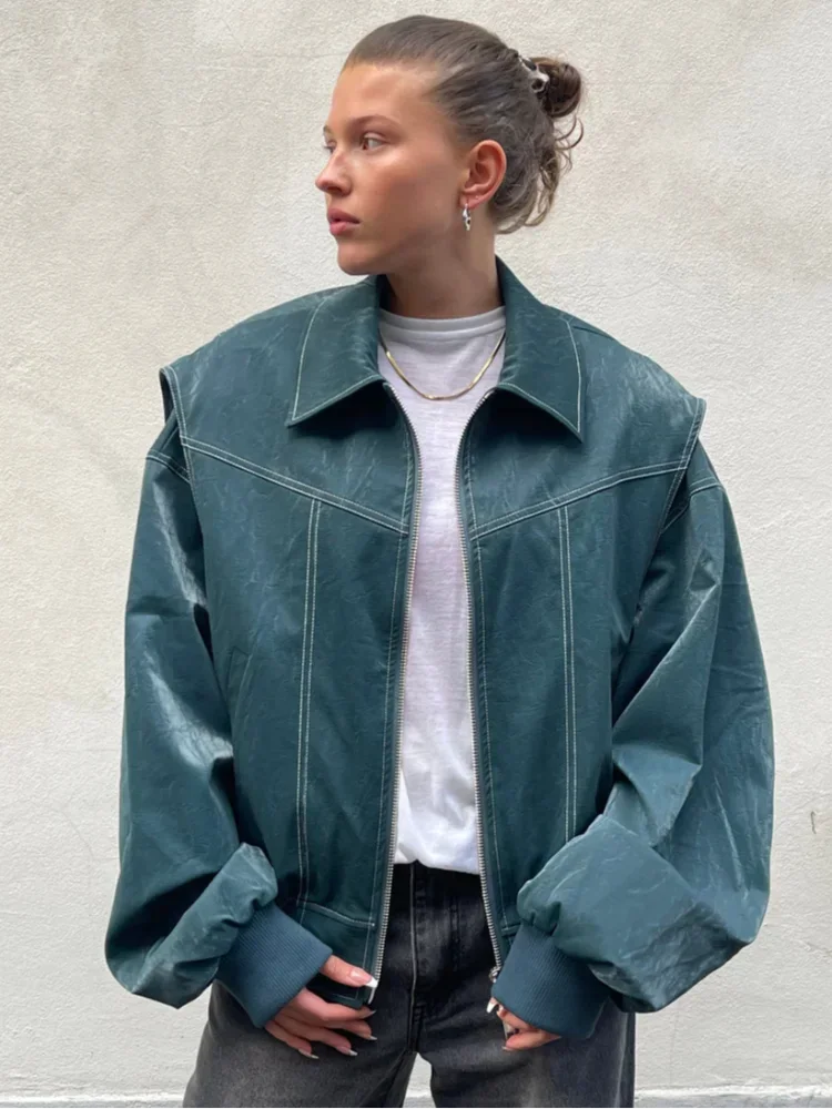 Women’s Oversized Faux Leather Zip-Up Jacket