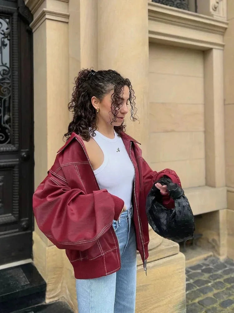 Women’s Oversized Faux Leather Zip-Up Jacket