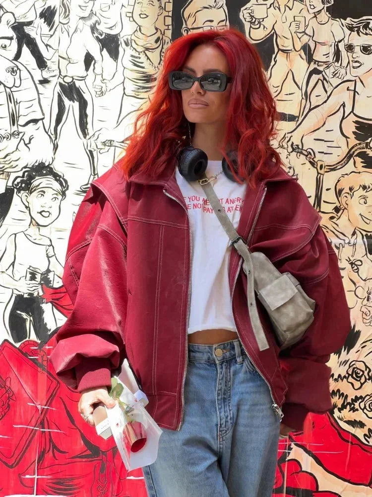 Women’s Oversized Faux Leather Zip-Up Jacket