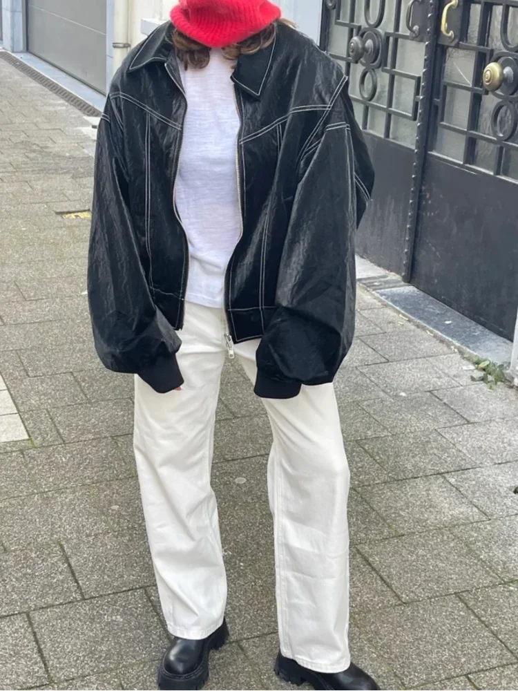 Women’s Oversized Faux Leather Zip-Up Jacket