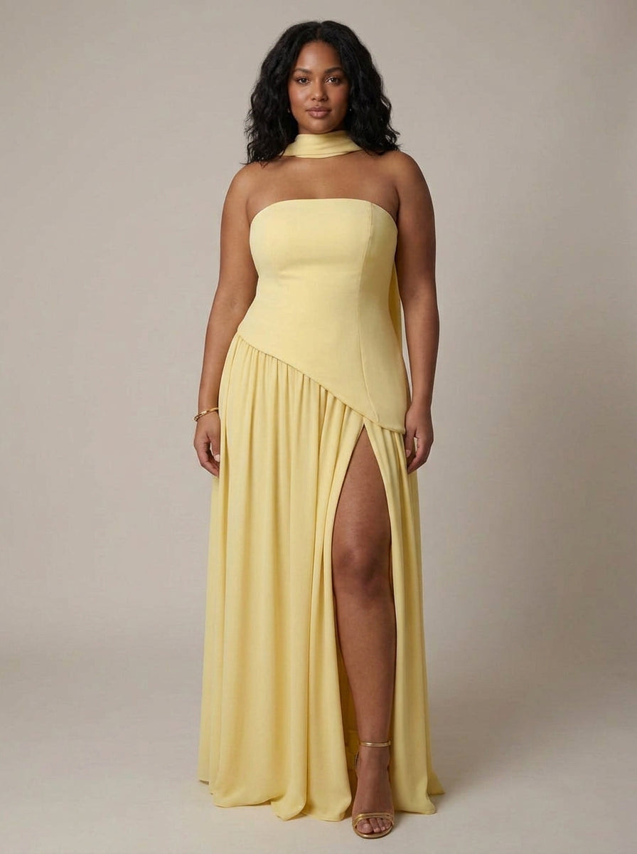 Robe longue bustier pour femme avec taille asymétrique et fente