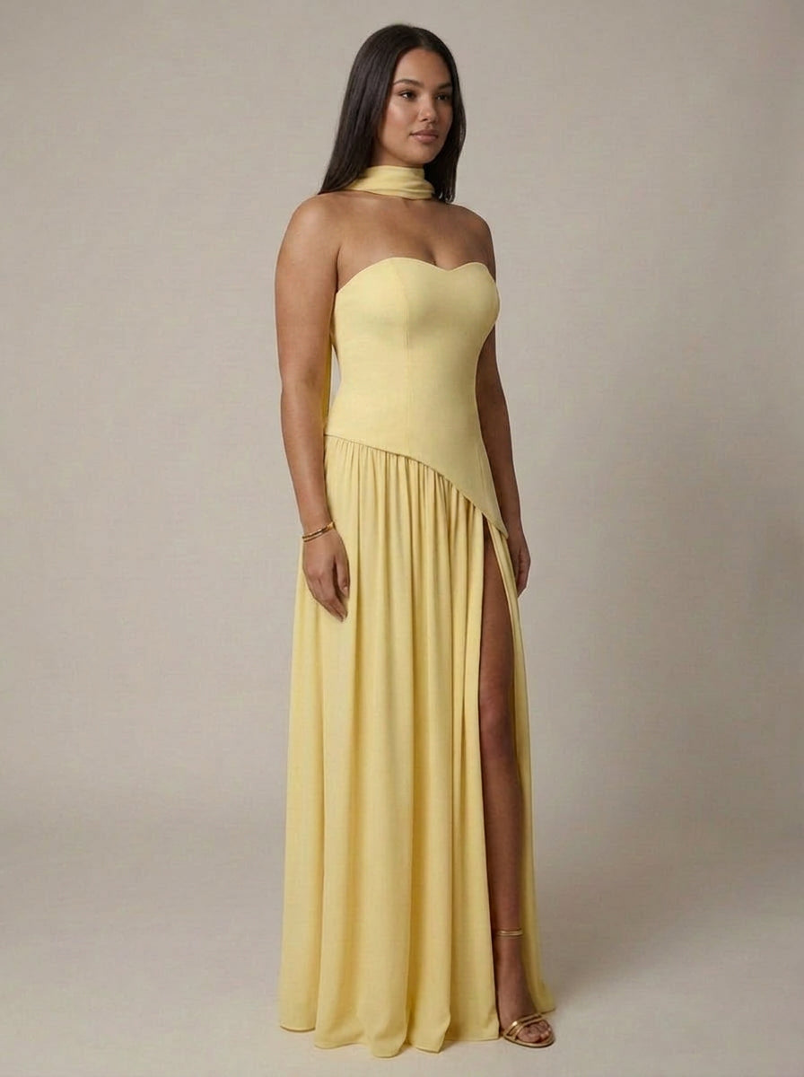 Women’s Strapless Maxi Dress with Asymmetric Waist & Split