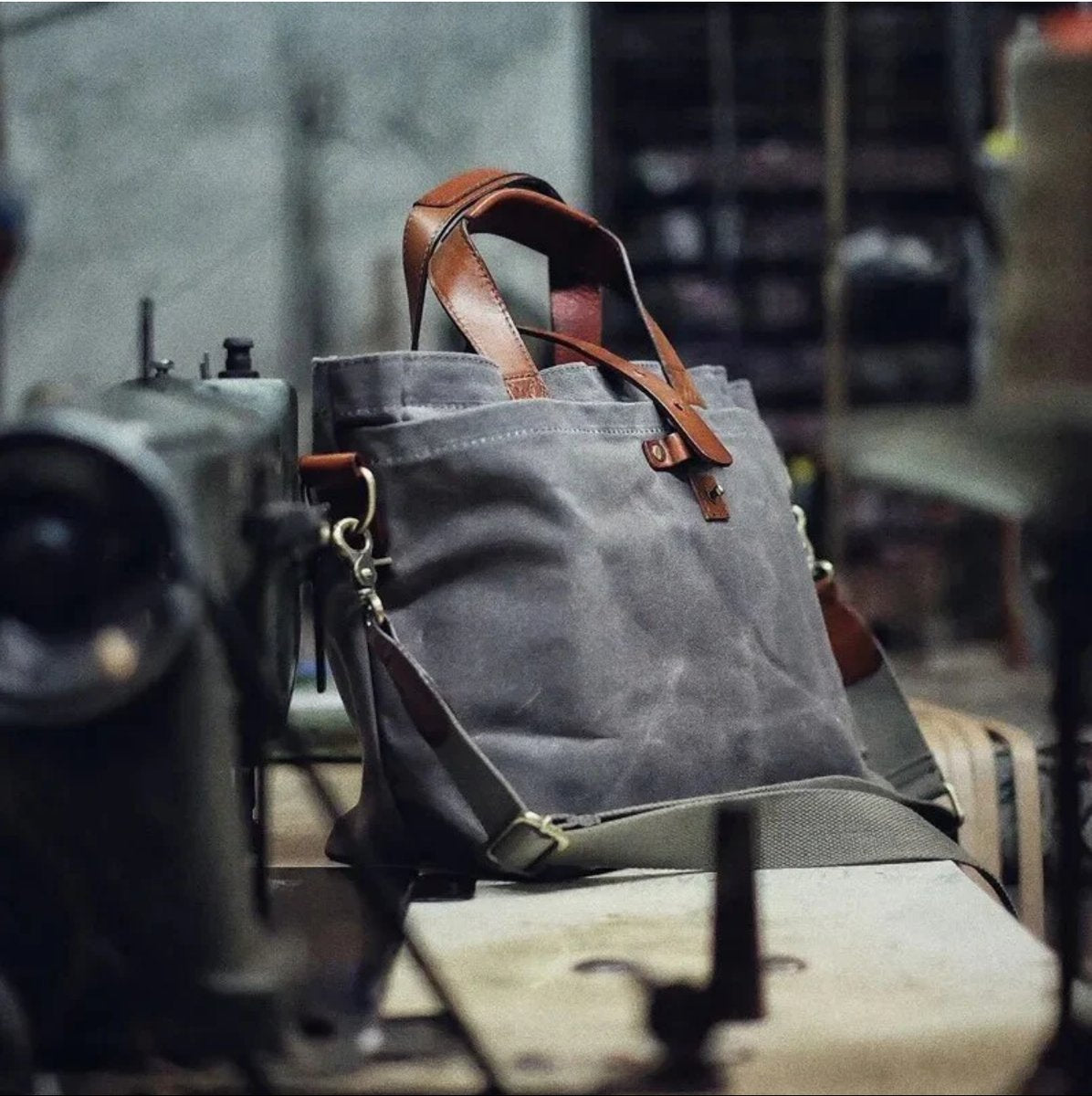 Unisex Waxed Canvas Tote Bag with Leather Handles