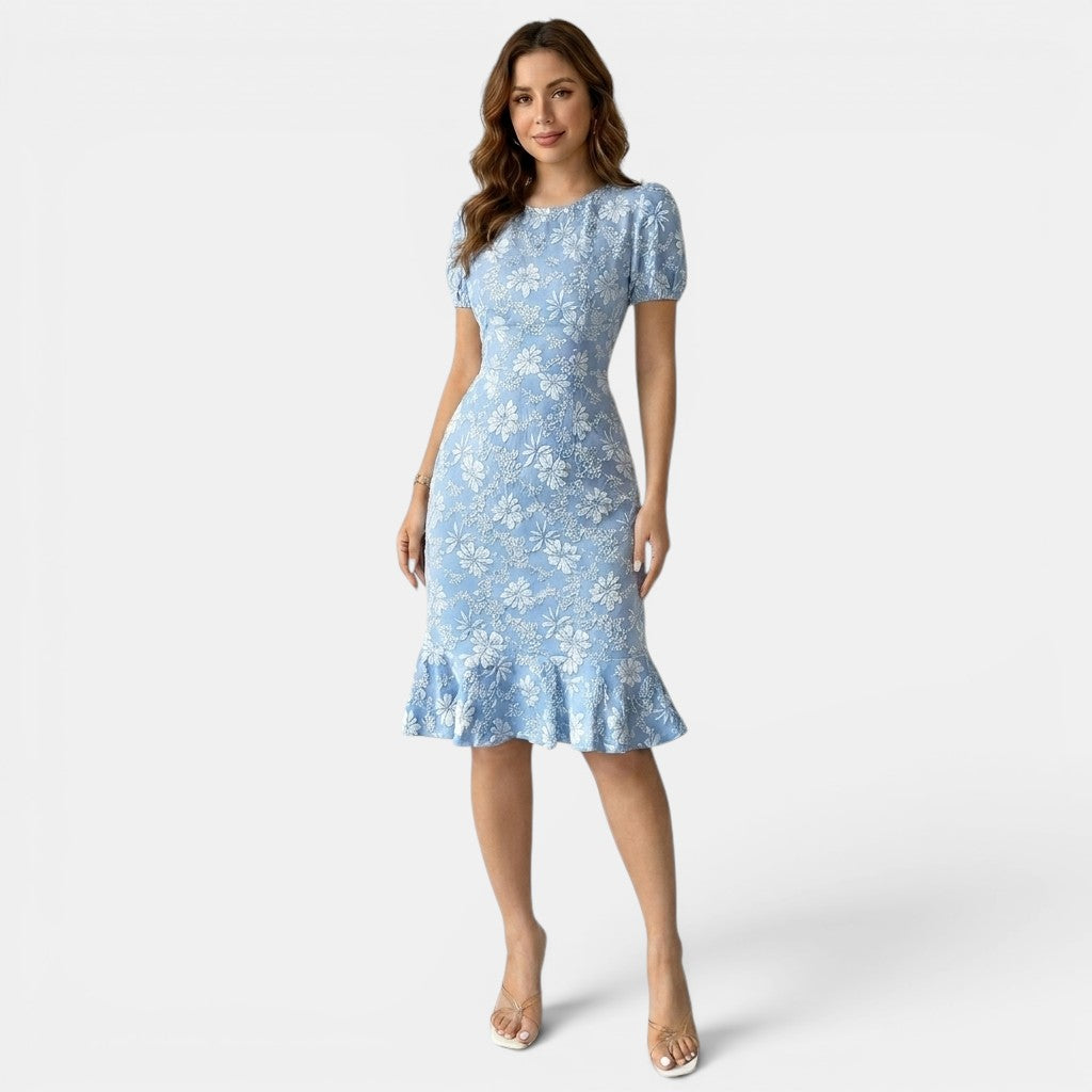 Floral Lace Midi Dress with Puff Sleeves and Ruffle Hem