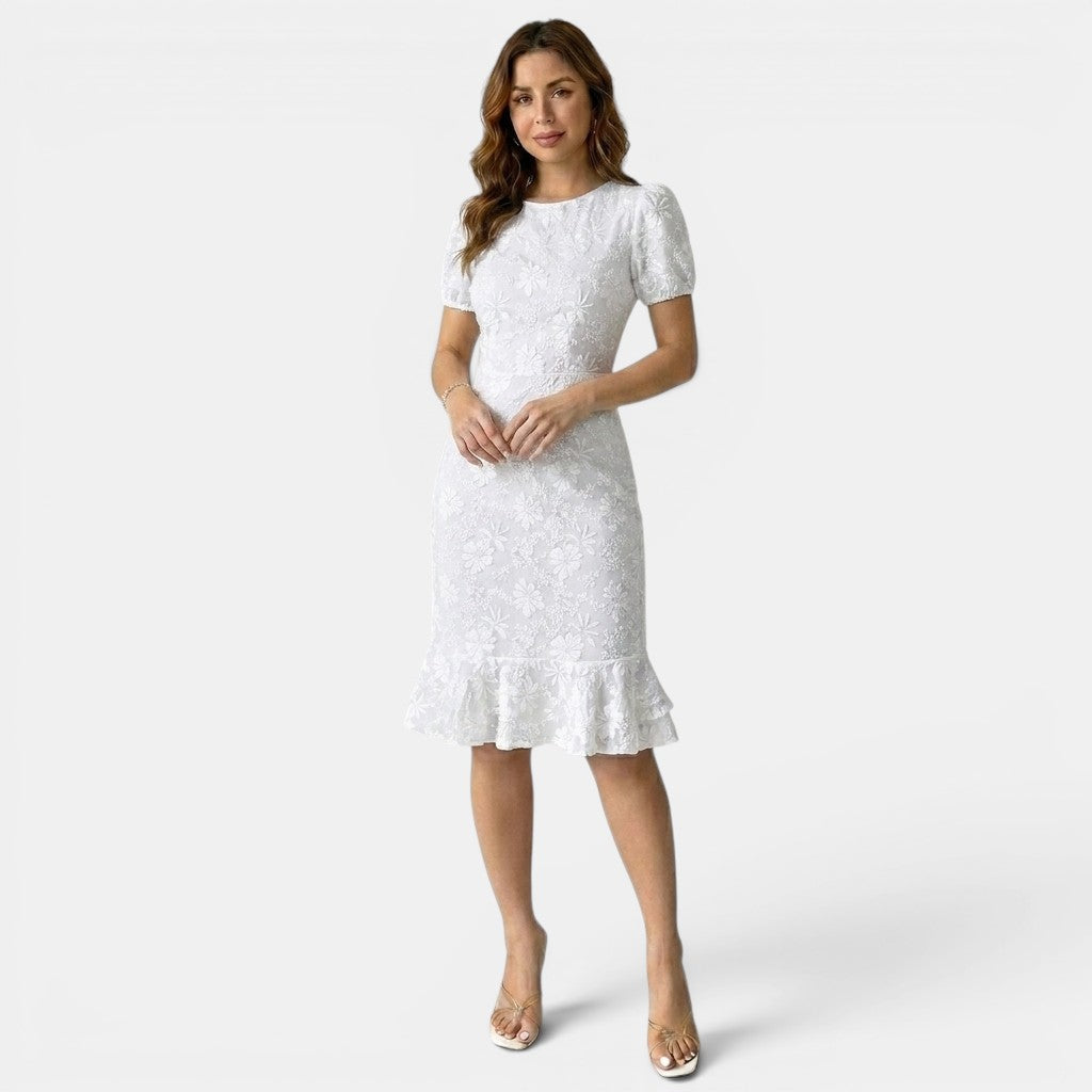 Floral Lace Midi Dress with Puff Sleeves and Ruffle Hem
